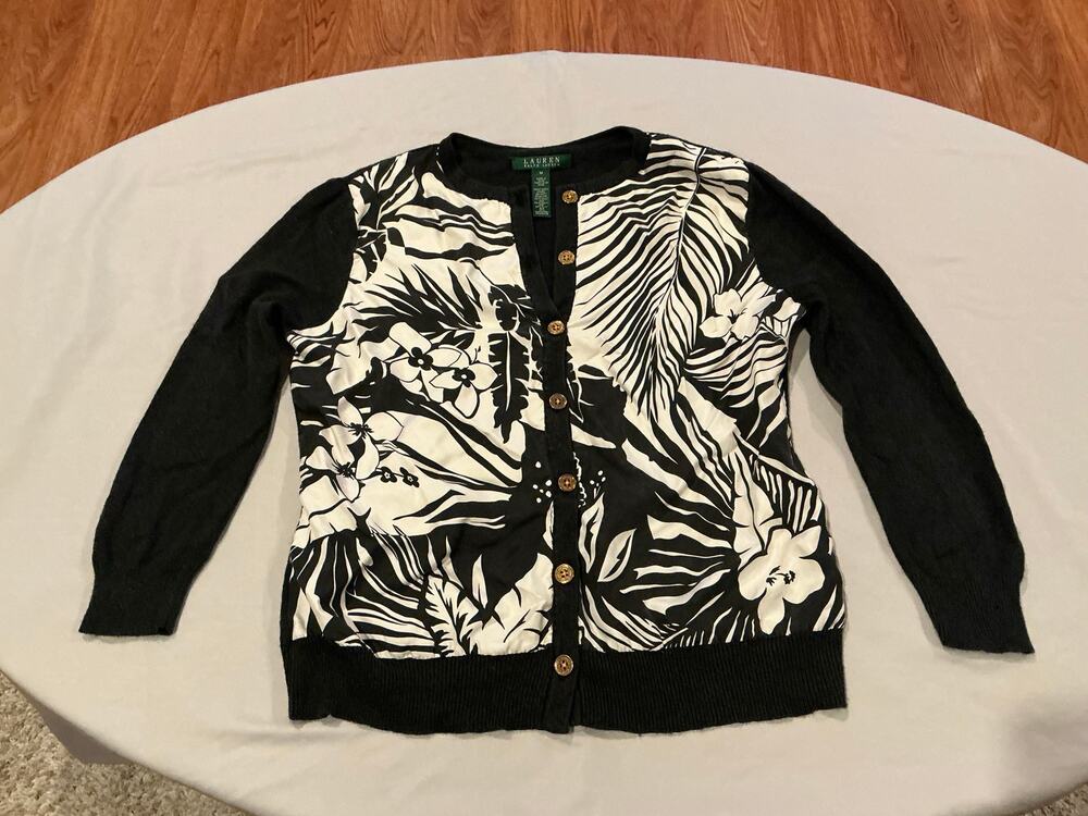Pre loved-Lauren Ralph Lauren Black & White Floral Silk Cardigan Sweater